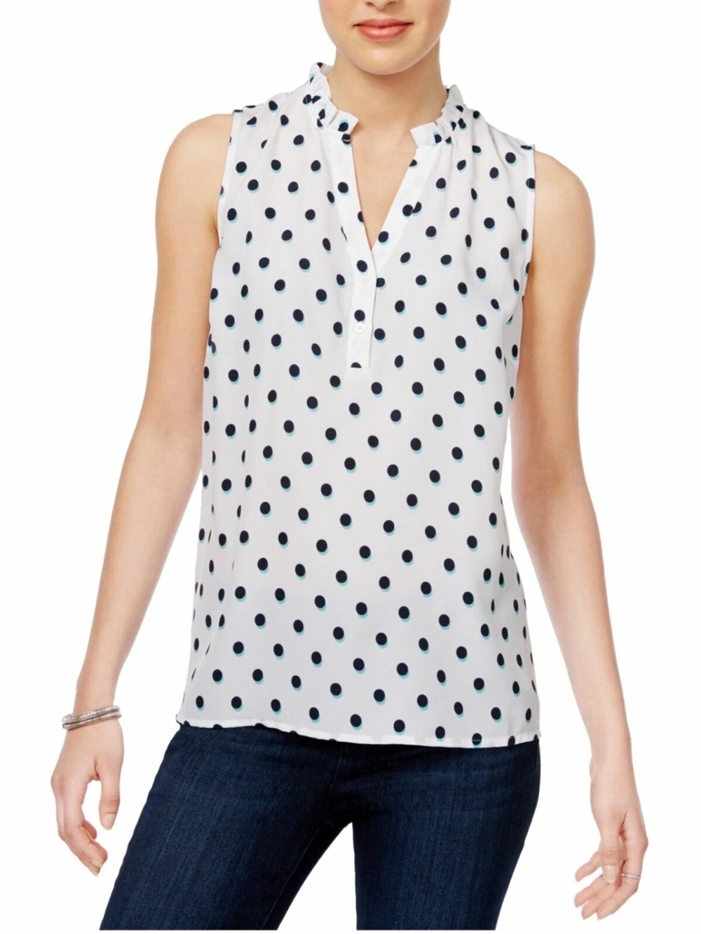 LOFT White Black Polka Dot Hi Low Sleeveless Ruffle Collar V-Neck Blouse Size L